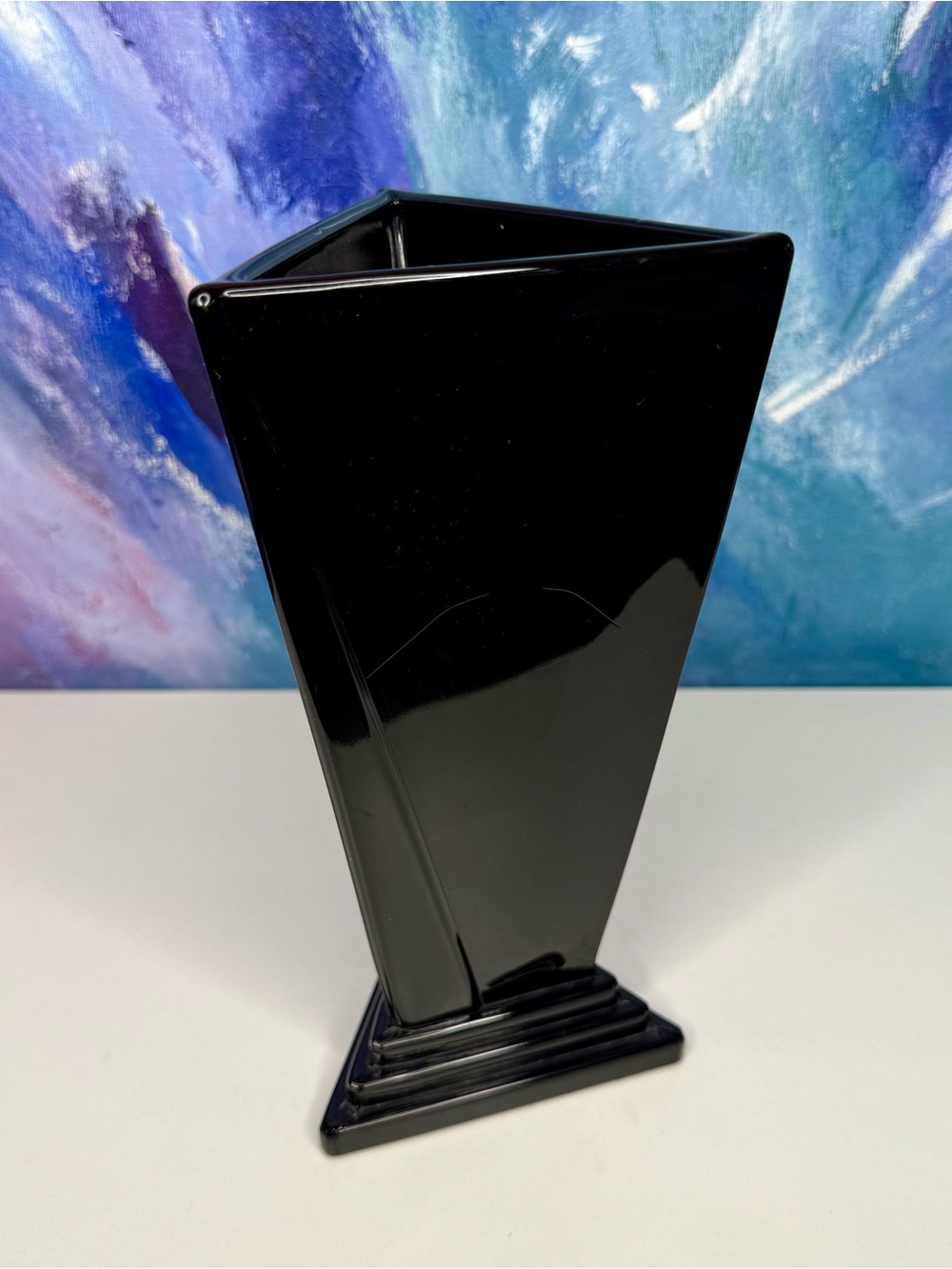 New Martinsville Black Glass Vase Triangular Triangle Art Deco Antique Vintage